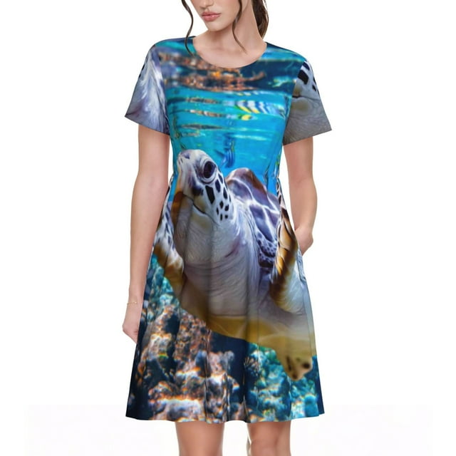 Bixox Robe d'Été à Manches Courtes pour Femme, Coupe Ample Évasée, Longueur Genou, avec Poches - Nage en Tortue de Mer