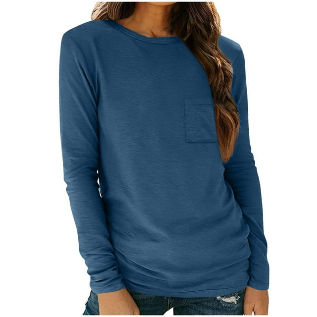Timegard Long Sleeve Tops for Women Round Neck Causal Tunic T Shirts Comfy Solid Color Basic Tops