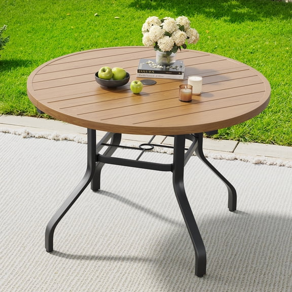 Farini 41" Ourdoor Round Dining Table, Weather-Resistant Metal Patio Table with Umbrella Hole, Nature