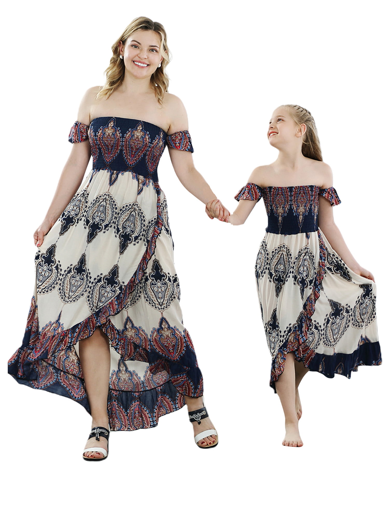 Loalirando Mother-Daughter Family Matching Dress Off Shoulder High Waist Ruffled Irregular Hem Chiffon Ruched Maxi Dress 
