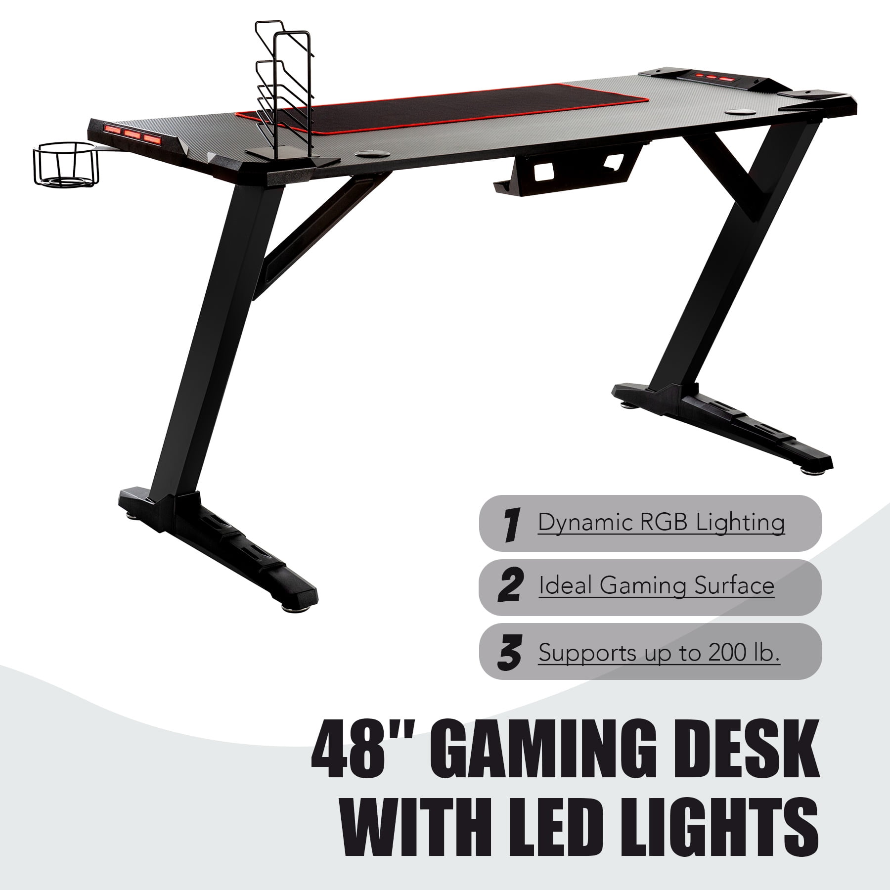 FLYSNAKE 48in Home Office Computer Desk Workstation With LED Light Game Table 