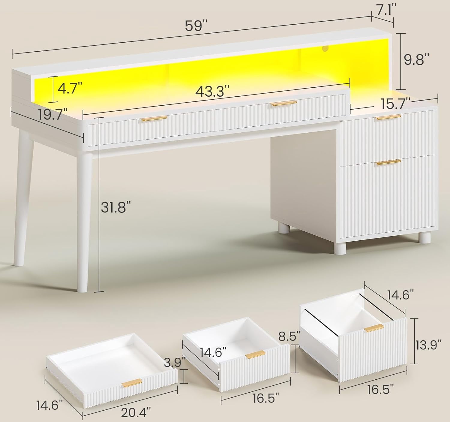 SEDETA Office Desk with 4 Storage Drawers, 59" Fluted Wood Gaming Computer Desk with LED Lights and Power Strip, Modern Writing Desk Study Table for Home Office, Living Room, Bedroom, White