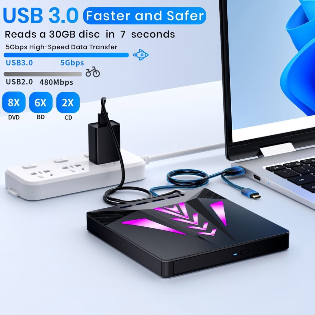 6-in-1 Multi-Port External Disc Drive with Memory Card Slot & High-Speed Data Transfer for Computers