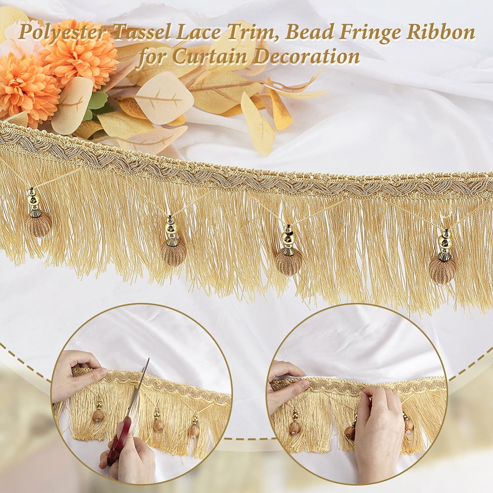6M Polyester Tassel Lace Trim Bead Fringe Ribbon for Curtain Decoration Gold 4-3/8 inch(110-111mm) 6.56 Yards(6m)/Set