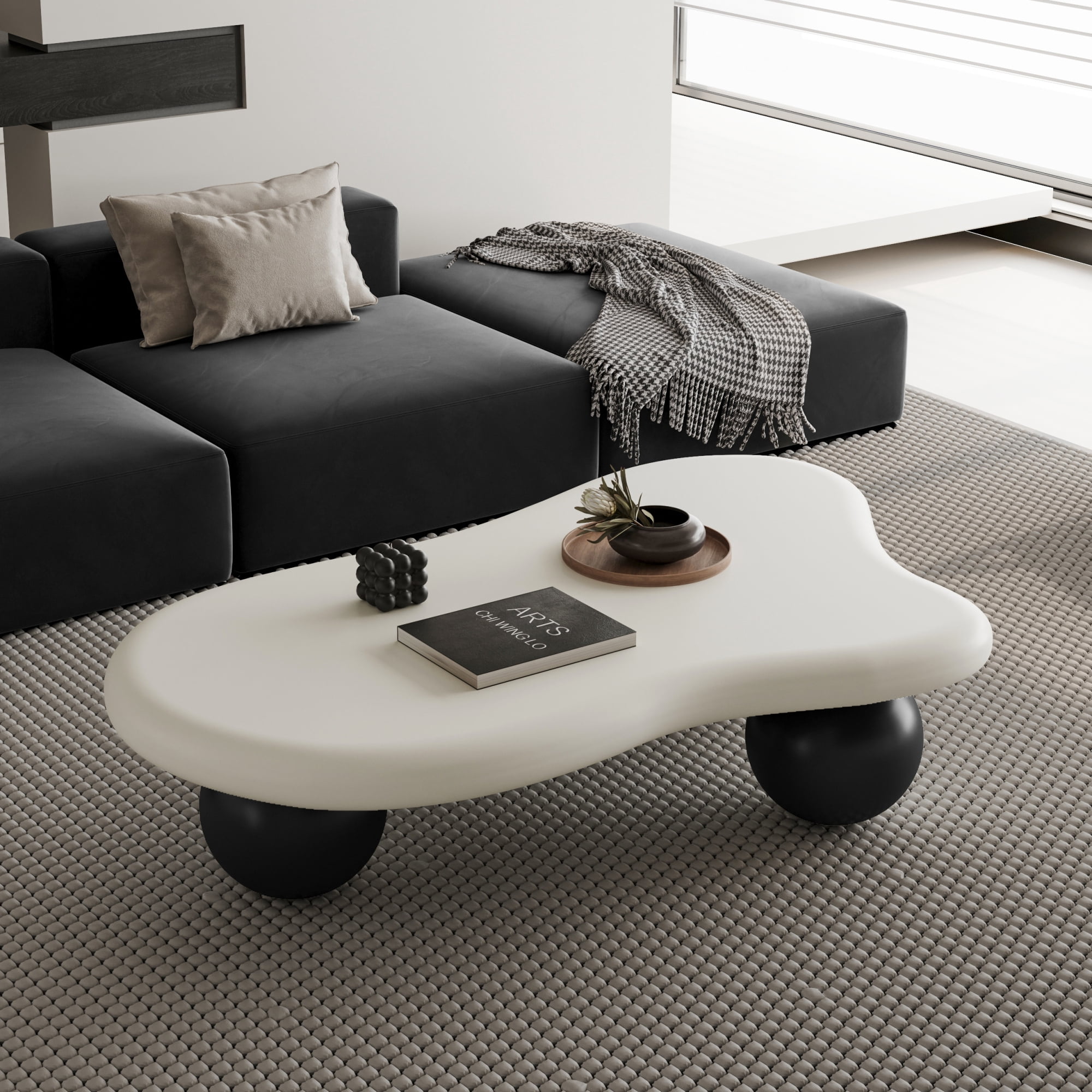 47.2" Cloud Coffee Table for Living Room, Irregular Coffee Table Modern Low Coffee Tables Abstract Faux Stone Cute Center Table with 3 Ball Legs for Small Space Apartment