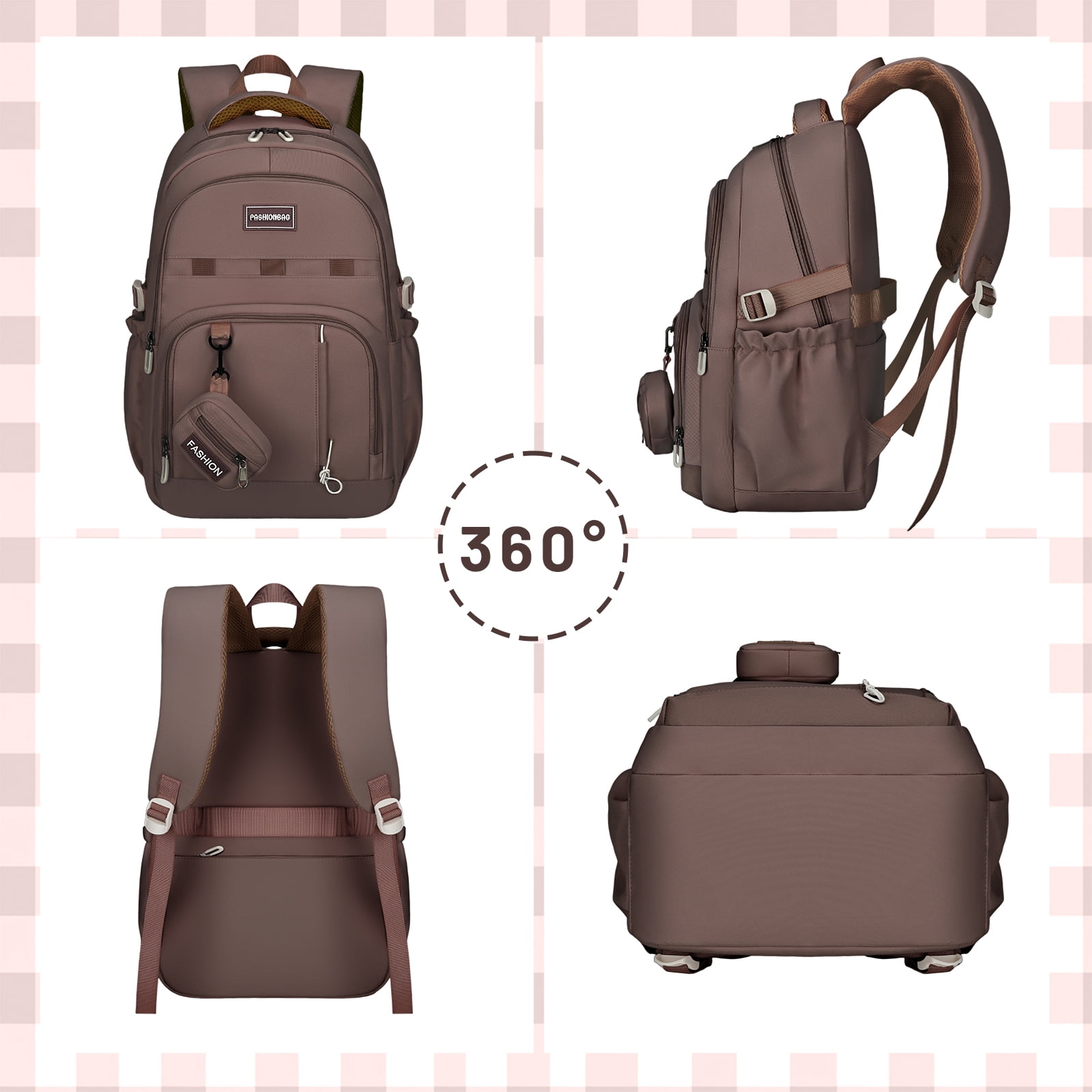 DAKIMOE School Backpack for College High Middle School Fashion Student Bag Cute Aesthetic Teen Bookbag for Teens Women Kids Girls Brown