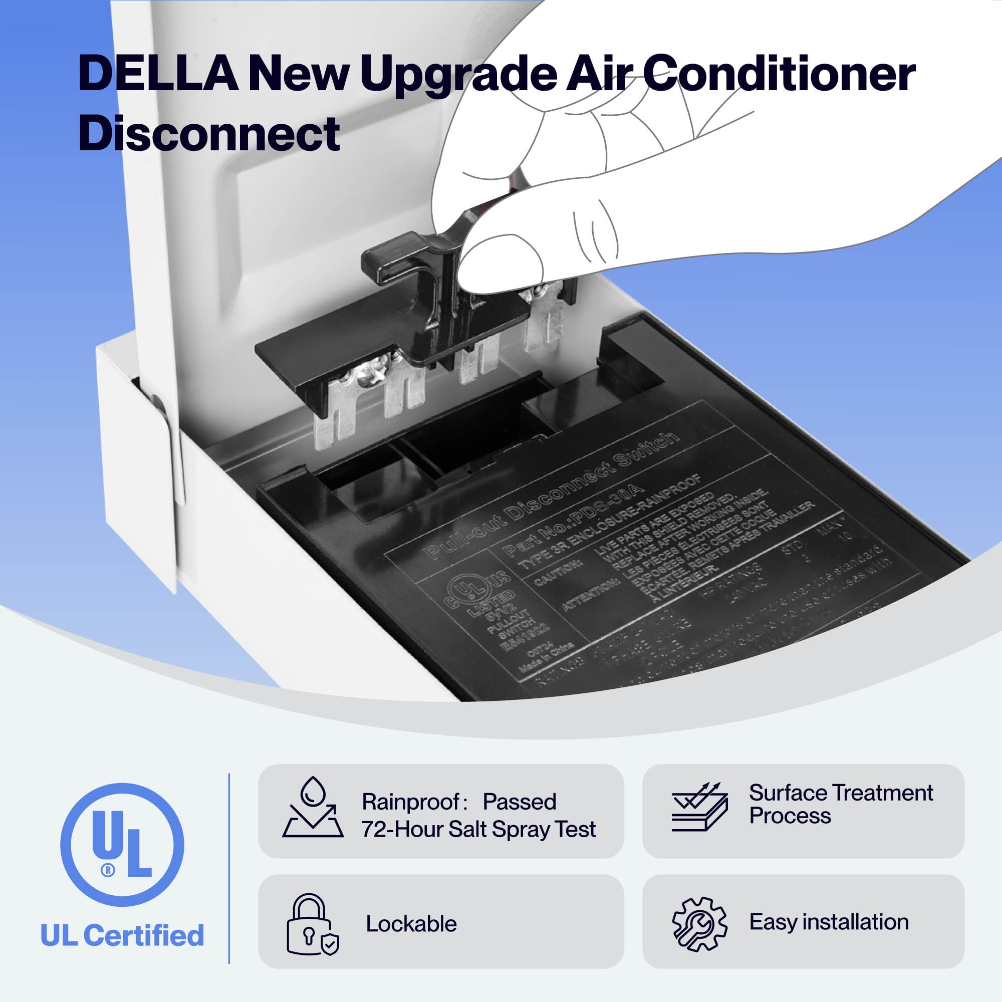 DELLA 30 Amp AC Disconnect Box Outdoor (Fuse Not Included), 120/240VAC, UL Listed, Waterproof AC Disconnect for Mini Split, Pull Out Switch for Home, Light Commercial HVAC Systems