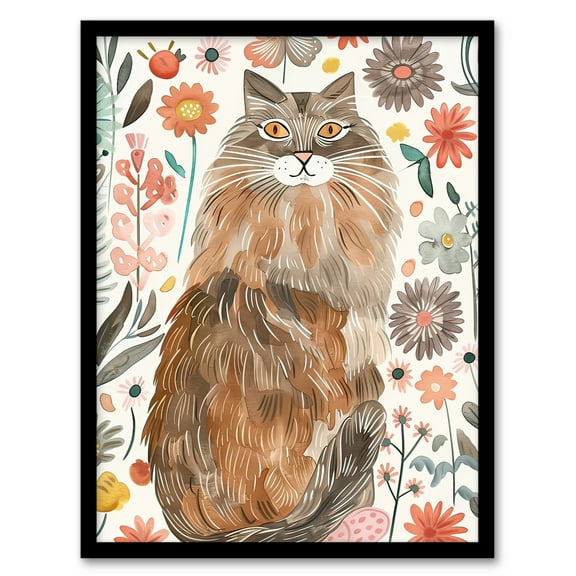 Artery8 Cat Lover Maine Coon Folk Art Floral Watercolour Living Room Art Print Framed Poster Wall Decor 12x16 inch