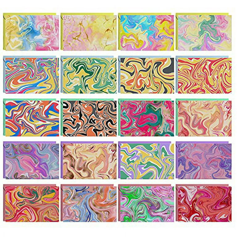 Dessie 100 blank note cards and envelopes for all occasions. 100 different  greeting cards with marble abstract designs - no repetition. Colored  envelopes and gold seals. 4x6 inches 