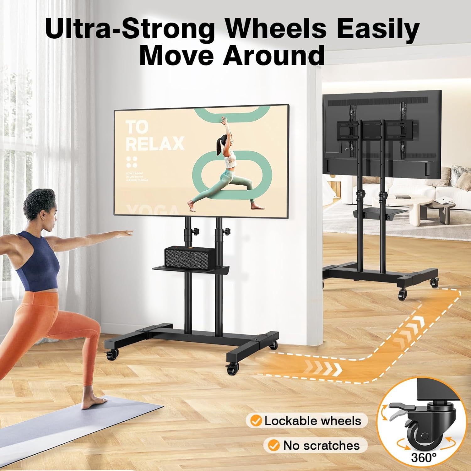 Rolling Mobile TV Stand for 32–83 Inch TVs and Monitors, Height Adjustable Floor Mount with Lockable Wheels, Portable TV Cart, Supports Flat & Curved Screens, 110 lbs Capacity
