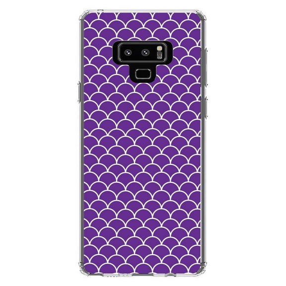 DistinctInk Clear Shockproof Hybrid Case for Samsung Galaxy Note 9 - TPU Bumper, Acrylic Back, Tempered Glass Screen Protector - Purple White Scalloped Pattern