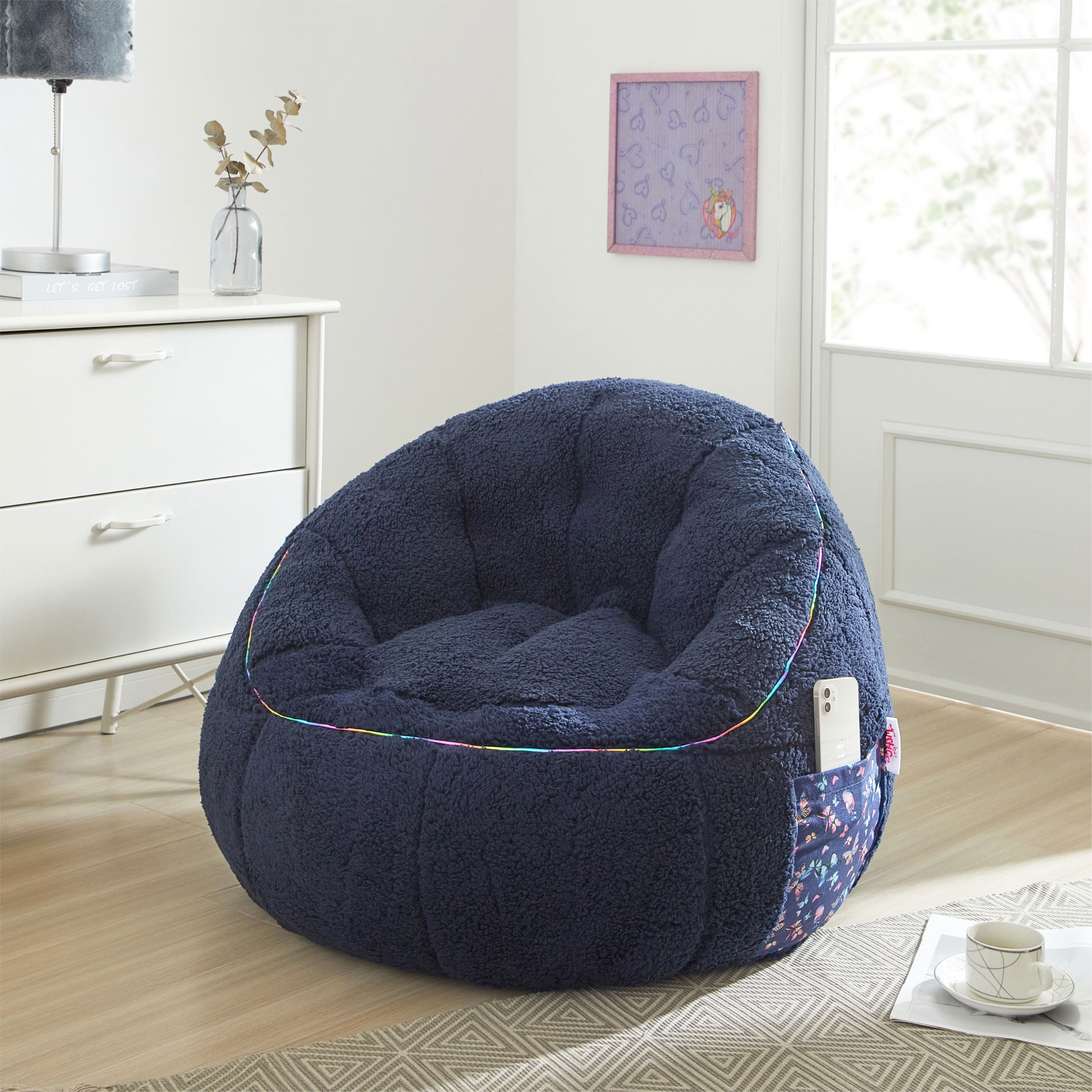 Room Revival, Kids' Super Soft Teddy Sherpa Bean Bag Chair with Pocket, Navy
