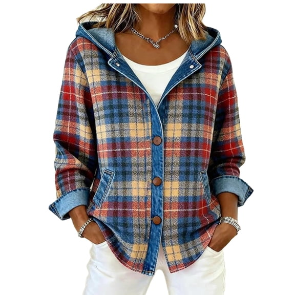 JGGSPWM Women's Fall Winter Denim Patchwork Plaid Hooded Jacket Denim Trimmed Button Down Long Sleeve Casual Jackets Blue M
