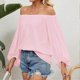 thumbnail image 4 of Women Off Shoulder Top Long Sleeves Elastic Neckline Pure Color Casual T Shirt for Daily Wear Pink M, 4 of 4