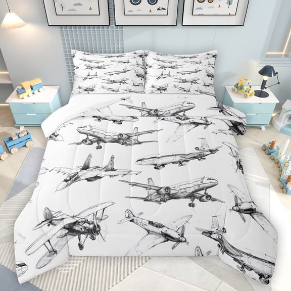 jejeloiu Retro Sketch Airplane Bedding Comforter Set,Vintage Aircraft Theme Twin Comforter Sets,White Gray Bedding Set For Boys Kids,Super Cozy Room Decor,2-Piece