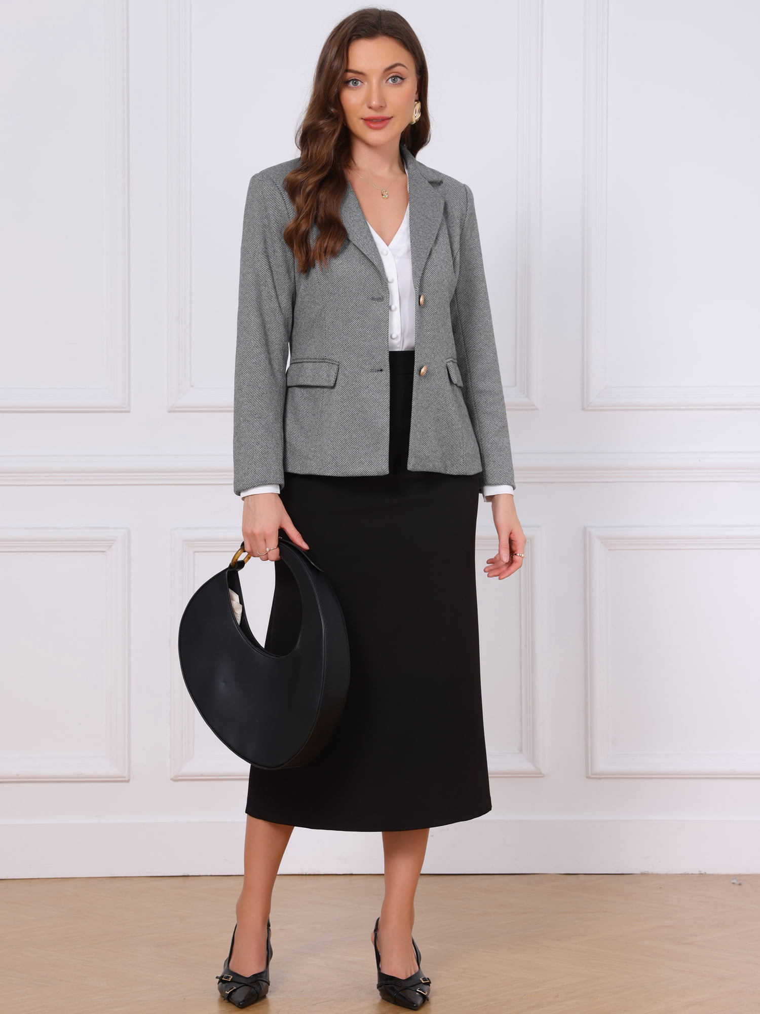 DARING DIVA Women's Herringbone Office Wear Blazer XL Grey Black