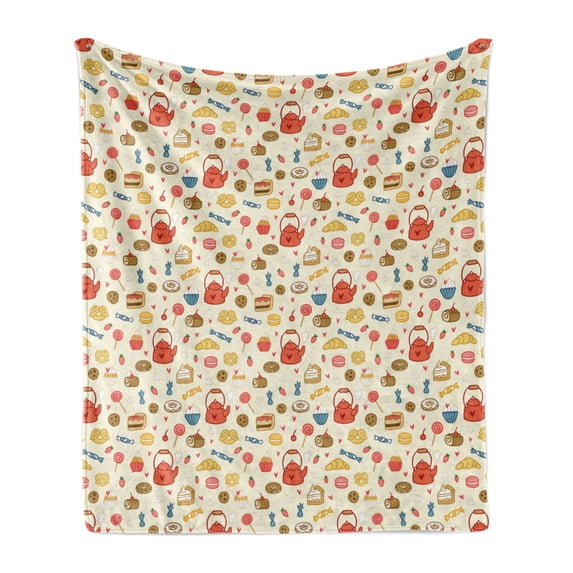 Tea Party Soft Flannel Fleece Blanket, Teapot Cupcake Candies Treats Cakes Croissant Cherry Bakery Illustration, Cozy Plush for Indoor and Outdoor Use, 50" x 60", Eggshell Dark Coral, by Ambesonne
