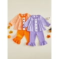 thumbnail image 3 of RUINIXCW Toddler Bbay Girl Halloween Outfit Infant Baby Girl Fall Clothes Ghost Pumpkin Embroidery Plaid Babydoll Shirt Tops and Flared Pants 2 Pieces Set, 3 of 9
