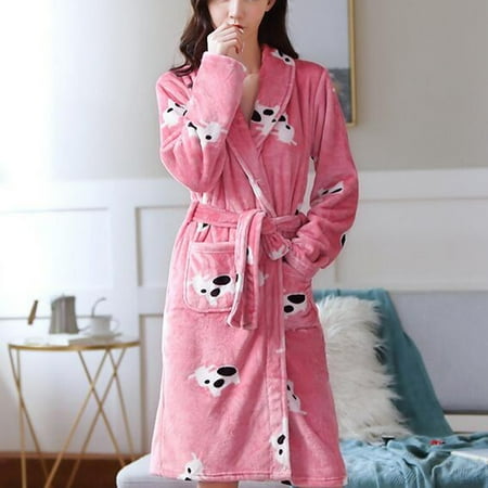 

Ladies Fashion Flannel Floral Print Bandage Pocket Warm Pajamas Nightgown CHMORA
