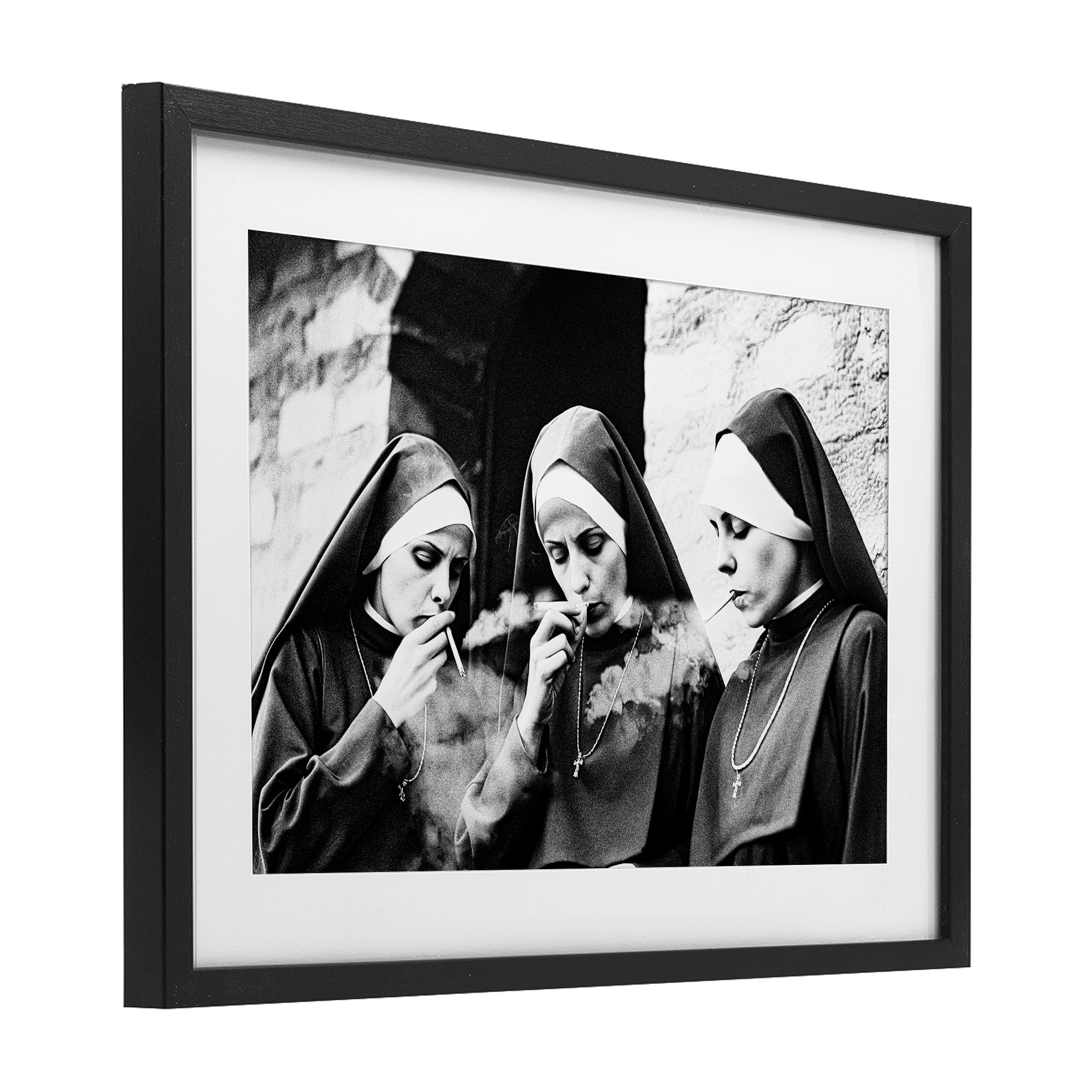 Smoking Nuns Rebellion Black Framed Print Under Glass, design by Decent Exposures