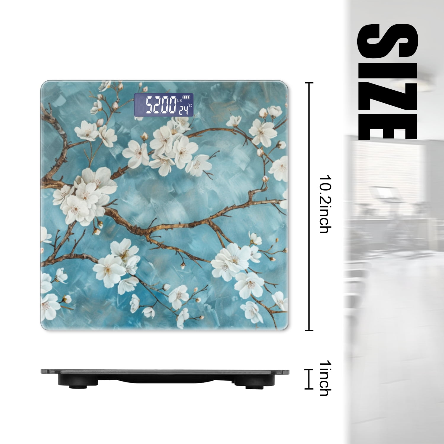 Bathroom Scale, Highly Accurate Digital Body Scale,Precisely Measures Weight up to 400 lbs-White Flowers On Blue Background Cherry Blossoms
