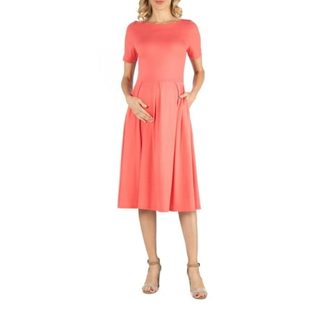 

24seven Comfort Apparel Maternity Midi Dress with Short Sleeve and Pocket Detail M0116180 Made in USA
