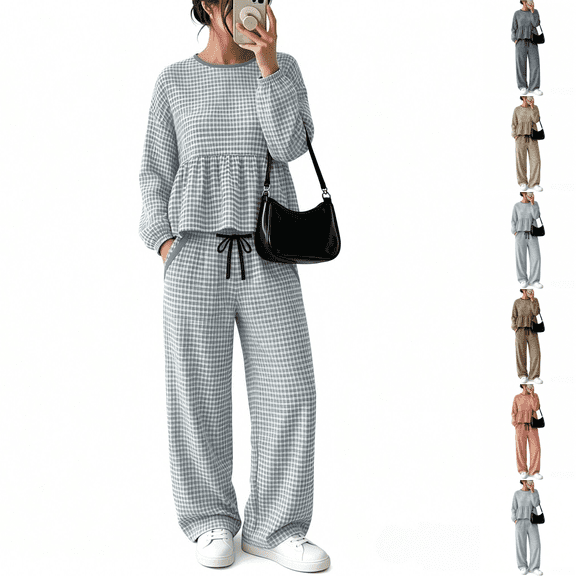 Asgosdo Women Two Piece Outfits Boho Grid Ruffle Long Sleeve Top and Wide Leg Pant with Pocket Casual Fall Winter Matching Lounge Sets