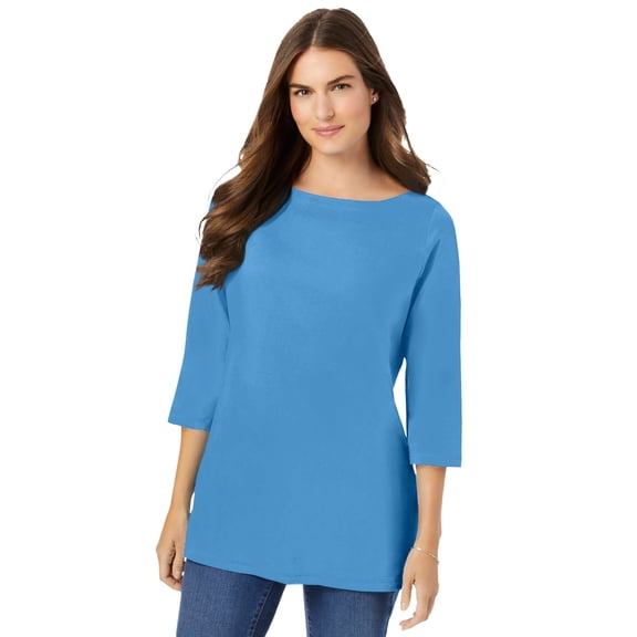 Woman Within Plus Size Perfect Three-Quarter Sleeve Boatneck Tee
