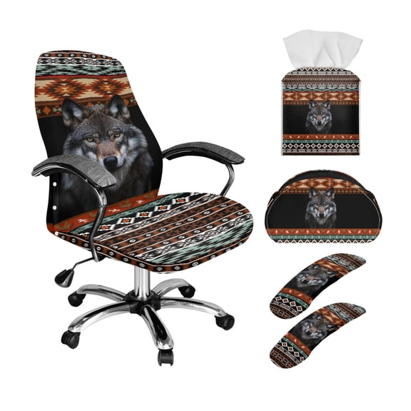ZIATUBLES American Tribal Wolf Print 5 Piece Office Decor Set, Chair Cover with Armrest Slipcover, Remote Control Holder and Folding Tissue Box Organizer Office Decorative Accessories, S