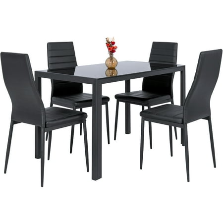 Best Choice Products 5-Piece Kitchen Dining Table Set w/ Glass Top, 4 Faux Leather Chairs - Black