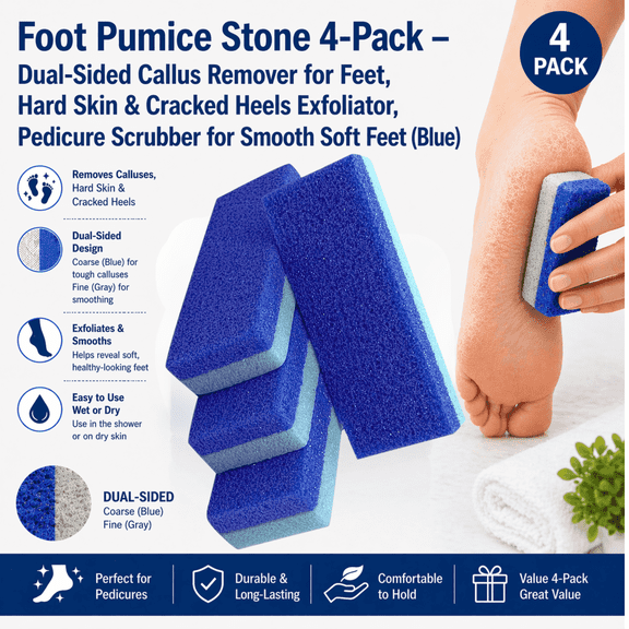 Foot Pumice Stone 4-Pack – Dual-Sided Callus Remover for Feet, Hard Skin & Cracked Heels Exfoliator, Pedicure Scrubber for Smooth Soft Feet (Blue)