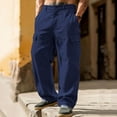 thumbnail image 2 of Men's Cotton Linen Beach Pants Relaxed Fit Hiking Pants Button Lightweight Stretch Cargo Work Pants with Multi Pocket, 2 of 9
