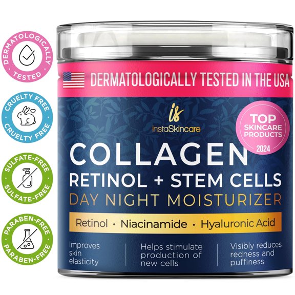 InstaSkincare Collagen Face Cream 1.7 oz, Retinol Stem Cells Niacinamide Hyaluronic Acid, Anti-Aging