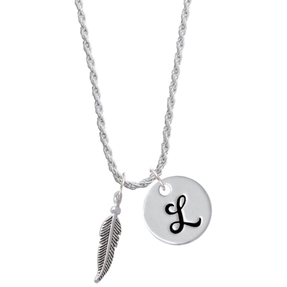 Delight Jewelry Silvertone 3-D Feather Silvertone Script Initial Disc - L - Charm Necklace, 20"+3"