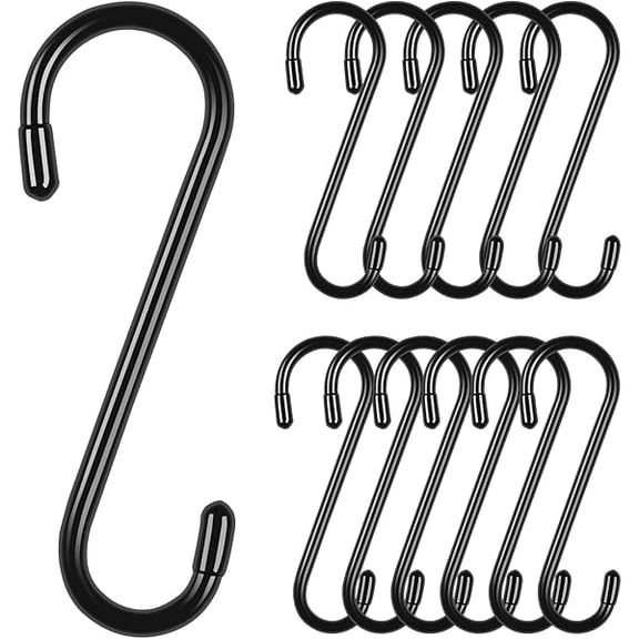 12 Pack Heavy Duty S Hooks, Vinly Coated 6 Inch Large Metal S Hooks for Hanging Plants, Non Slip Black Hanger Hooks for Closet Hanging Jeans, Baskets, Lights, Pot, Pans, Cups, Bird Feeder
