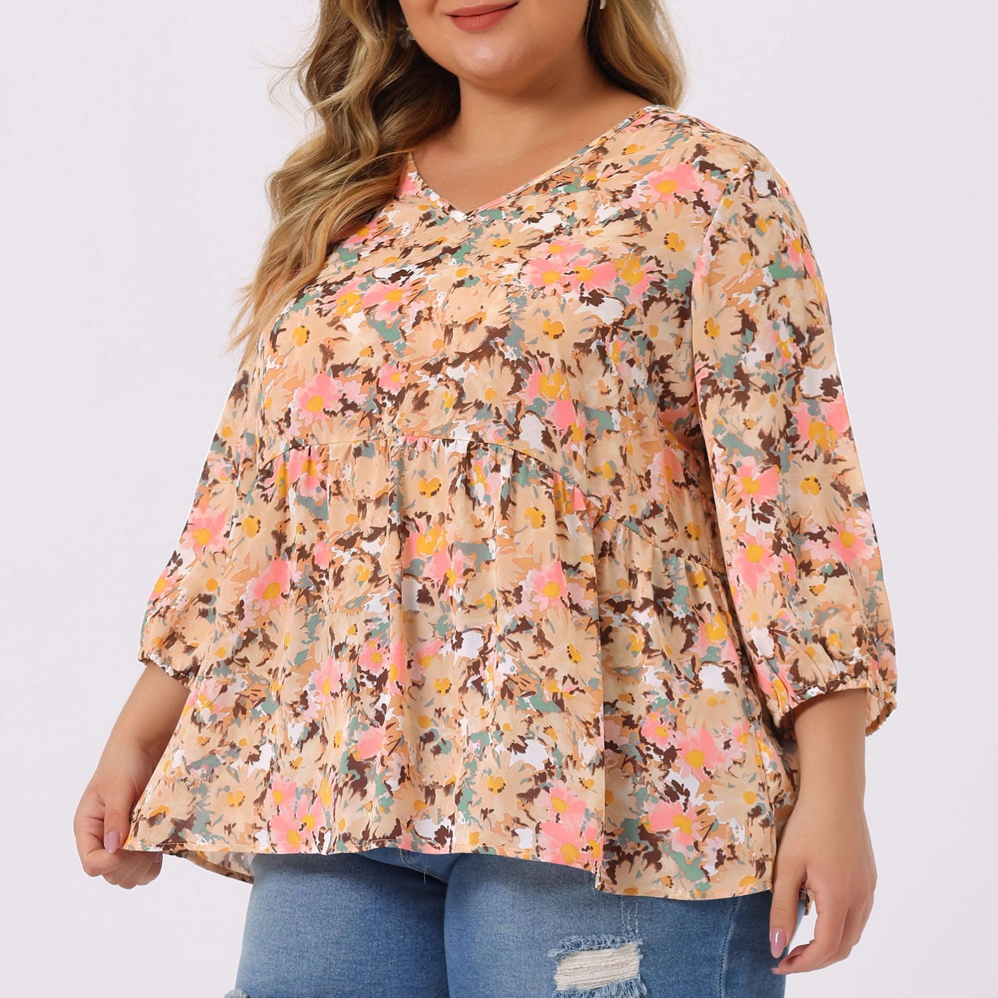 DARING DIVA Women's Plus Size V Neck Flowy 3/4 Sleeve Floral Blouse 1X Dark Pink