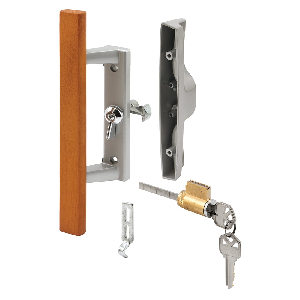 Diecast with Wood Handle, Gray, Patio Door Handle, Tee Lock, Keyed