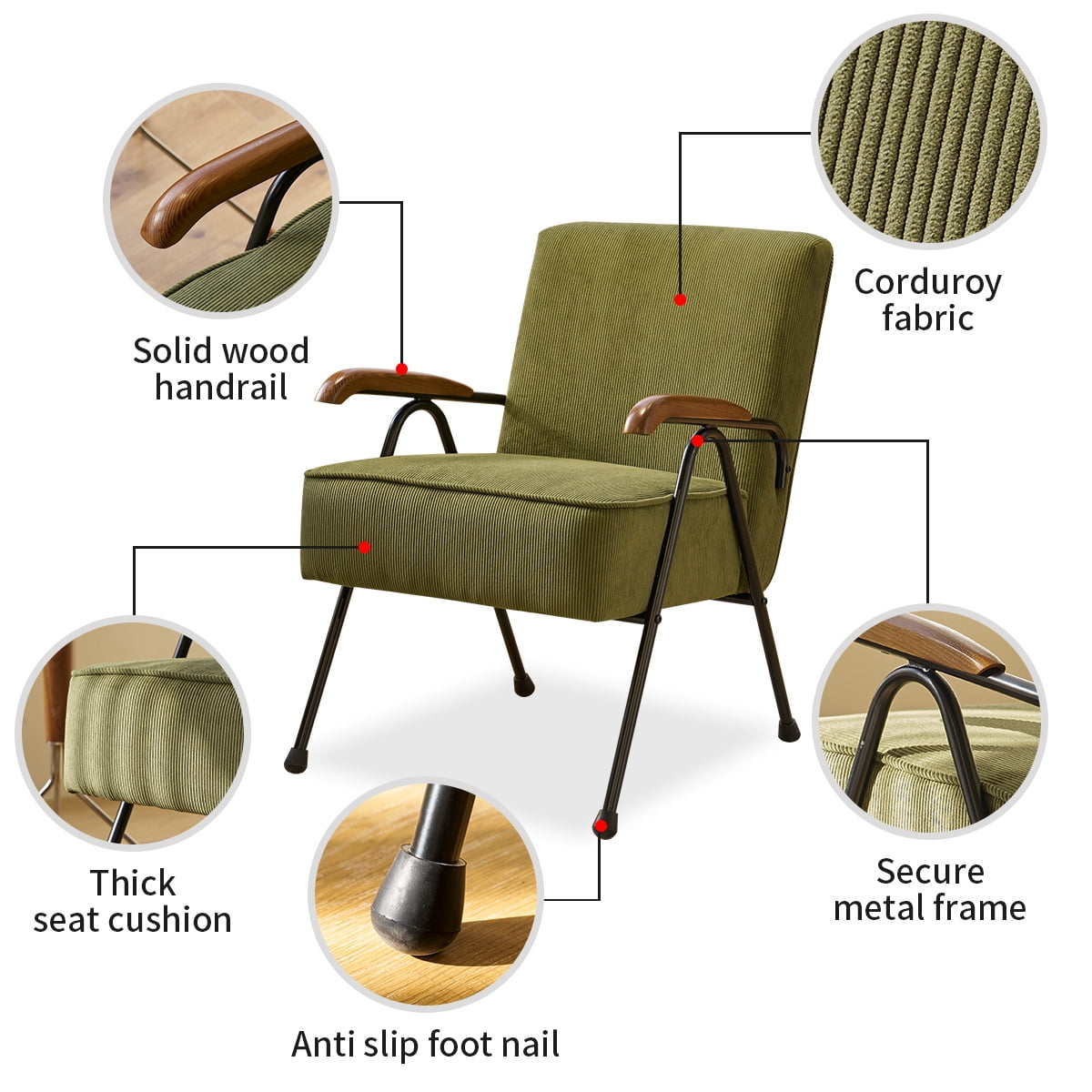 Homy Casa Accent Chair with Metal Legs and Upholstery, Living Room Reading Armchair, Olive Green