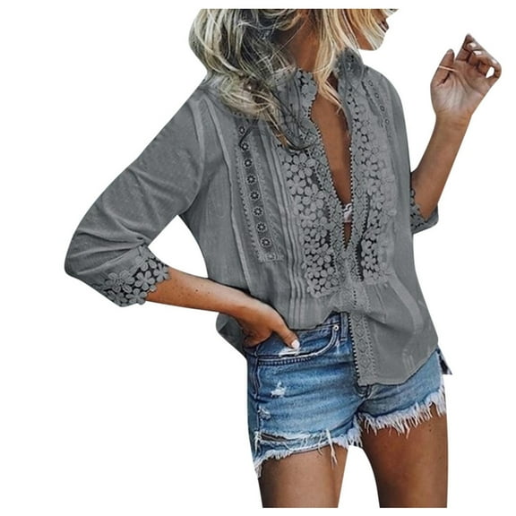 DuoJiaJ Women Fashion Casual Solid Lace Tops Sexy V-Neck Blouse Half-Sleeve Shirts Women’s V-Neck Tops Gray