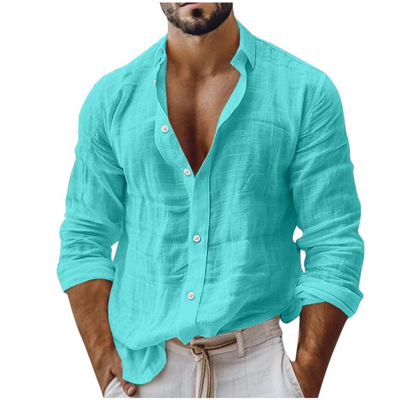 FAVIPT Cotton Gauze Shirts for Men Long Sleeve Button Down Lapel Dressy Tops Casual Loose Summer Beach Vacation Shirts Green,L