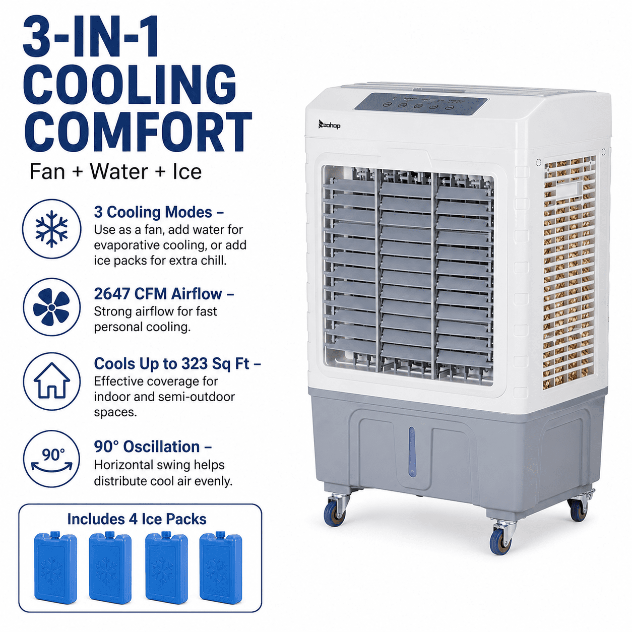 Alvantor 3 in 1 Portable Evaporative Air Cooler, 2647 CFM Swamp Cooler with Remote, 10.57 Gal Tank, 90°Oscillation, Gray and White
