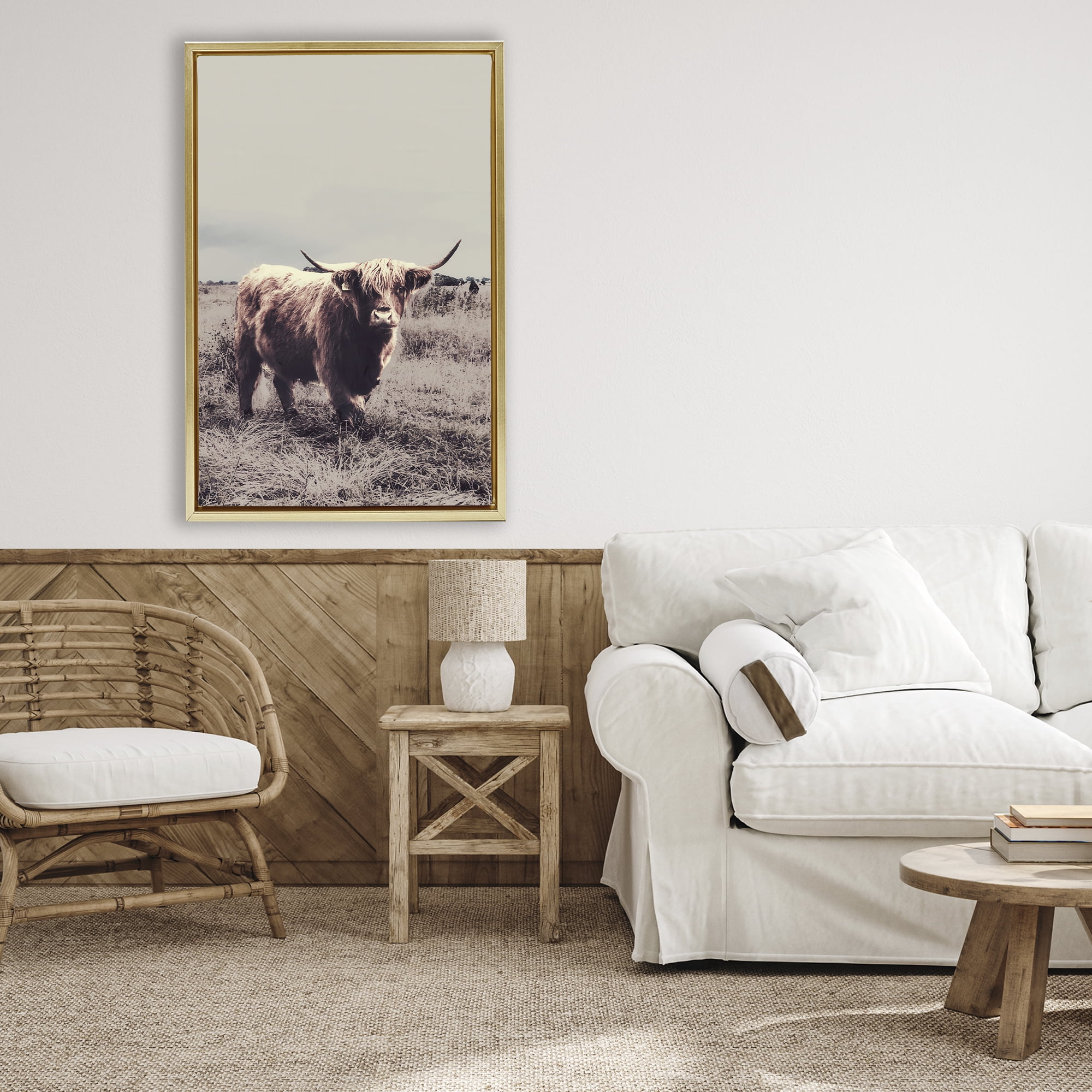 Stupell Industries Horned Cattle in Pasture Gold Framed Floater Canvas Wall Art, design by SD Graphics Studio