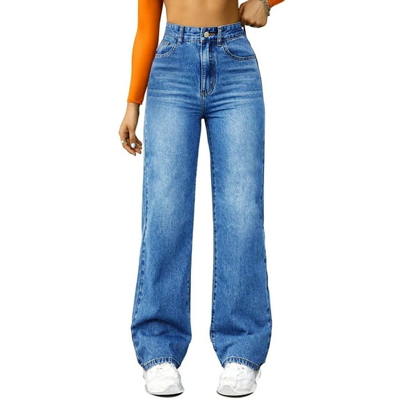 ADSSDQ Straight Leg Jeans for Women High Waisted Stretchy Wide Leg Boyfriend Jeans Denim Pants Casual Baggy Jeans with Pockets Blue L