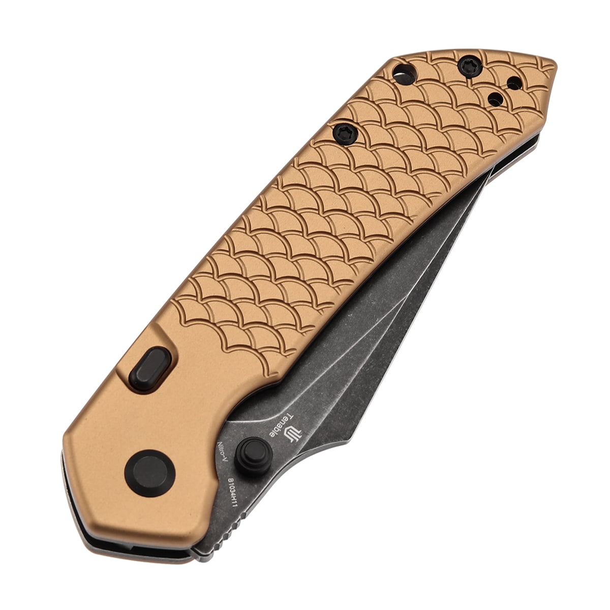Tenable Fenrir Folding Pocket Knives 3.4“ Blackwashed Nitro-V Blade,Bronze Aluminum with Fishscale Texture Handle,B1034H11