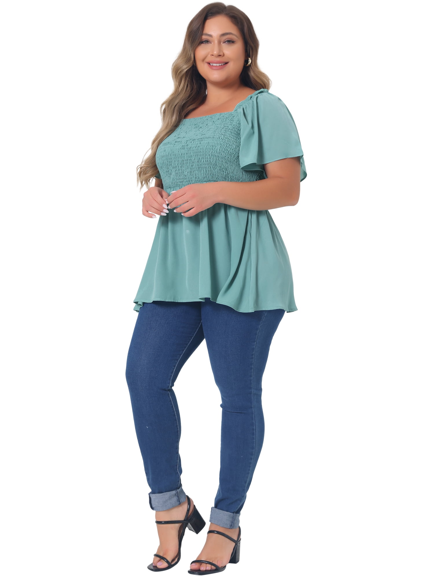 DARING DIVA Women's Plus Square Neck Ruffle Hem Blouse 4X Green