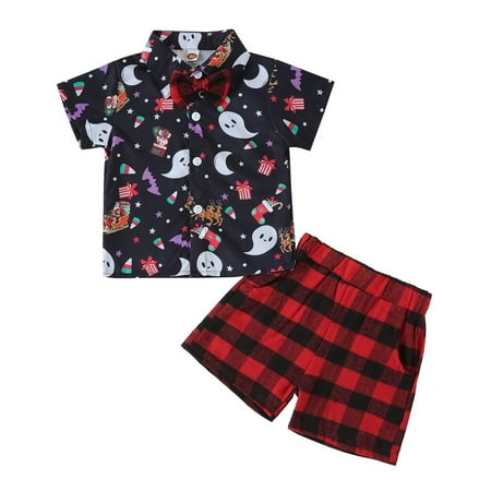 

TIREOW Casual Kids Outfits Christmas Short Sleeve Santa Printed Top Striped Printed Casual Shorts with Pockets Boys Gentleman Suit Cute and Soft Clothing(12-18 Months Black)