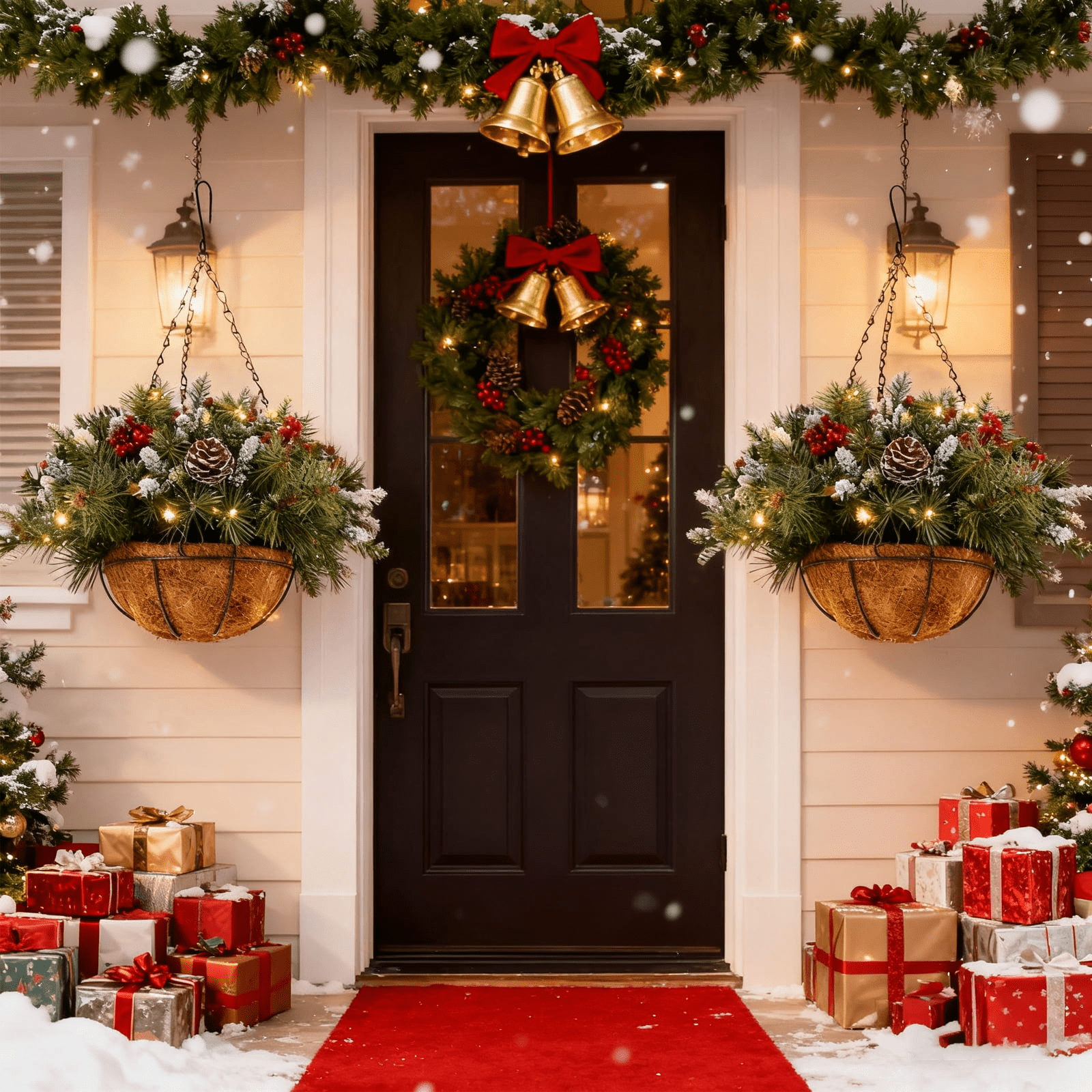 Artificial Christmas Hanging Basket with LED String Lights Christmas Hanging Plant Basket Artificial Flowers with Frosted Pine Needles Pinecones Red Berries Fake Plants Faux Decor for Xmas Decor