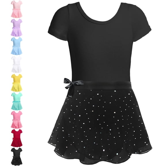 Bmisegm Girls Dance Leotard Short Sleeve V Neck Leotard Tie Sash Layered Overlay Skirt Ballet Girls' Dresses 3-4 Years