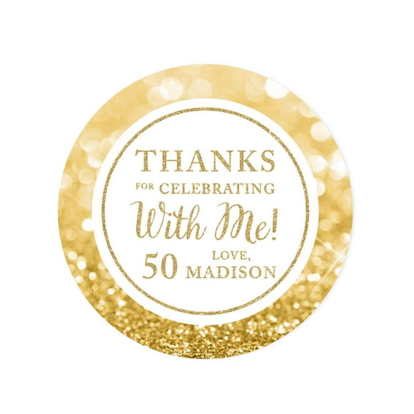 Andaz Press Étiquettes Autocollantes Rondes Pailletées Dorées Personnalisées, Merci de Célébrer avec Moi 50, 50e Anniversaire Ou Anniversaire, Lot de 40, Nom Personnalisé