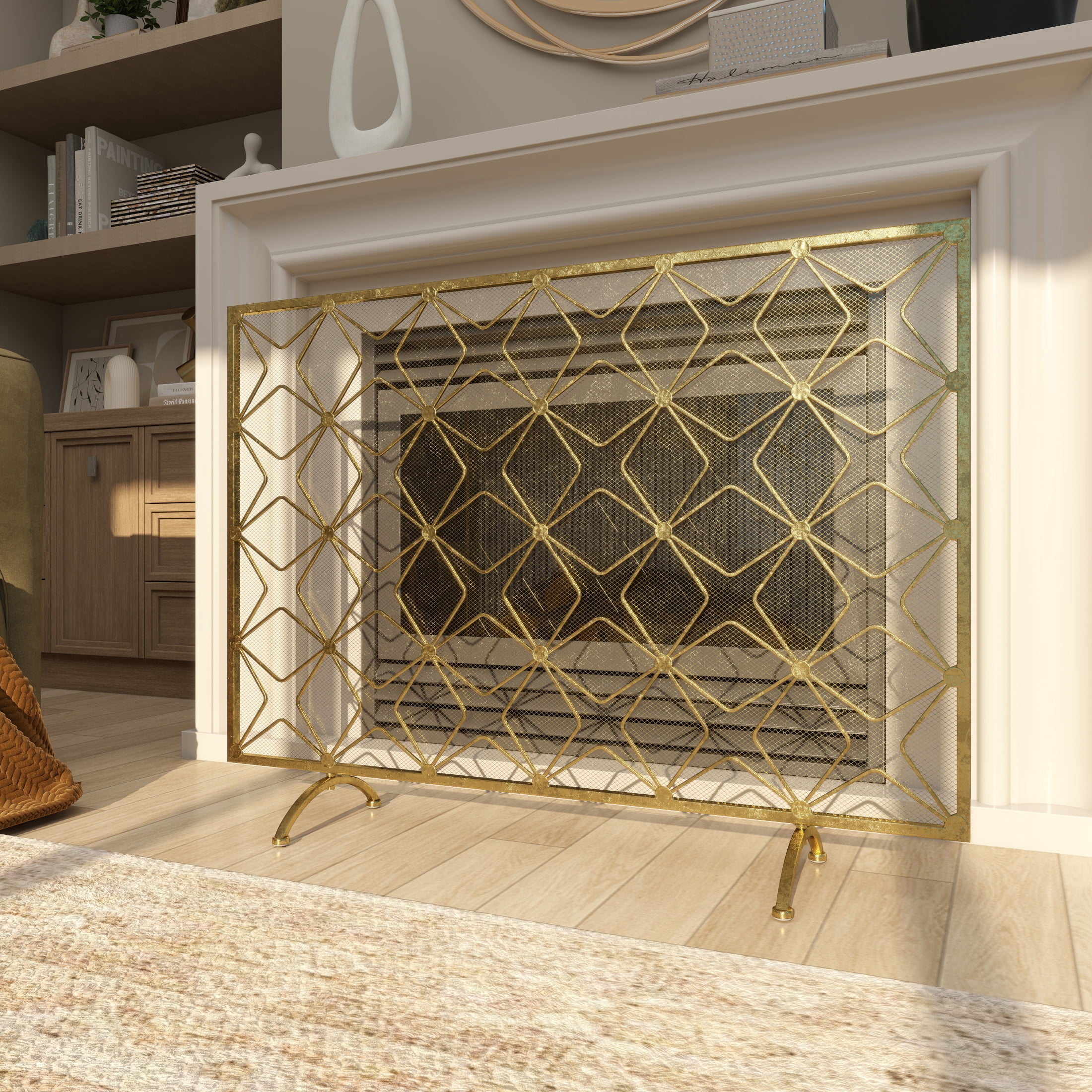 DecMode 38" x 28" Gold Metal Star Patterned Single Panel Geometric Fireplace Screen with Mesh Netting, 1-Piece